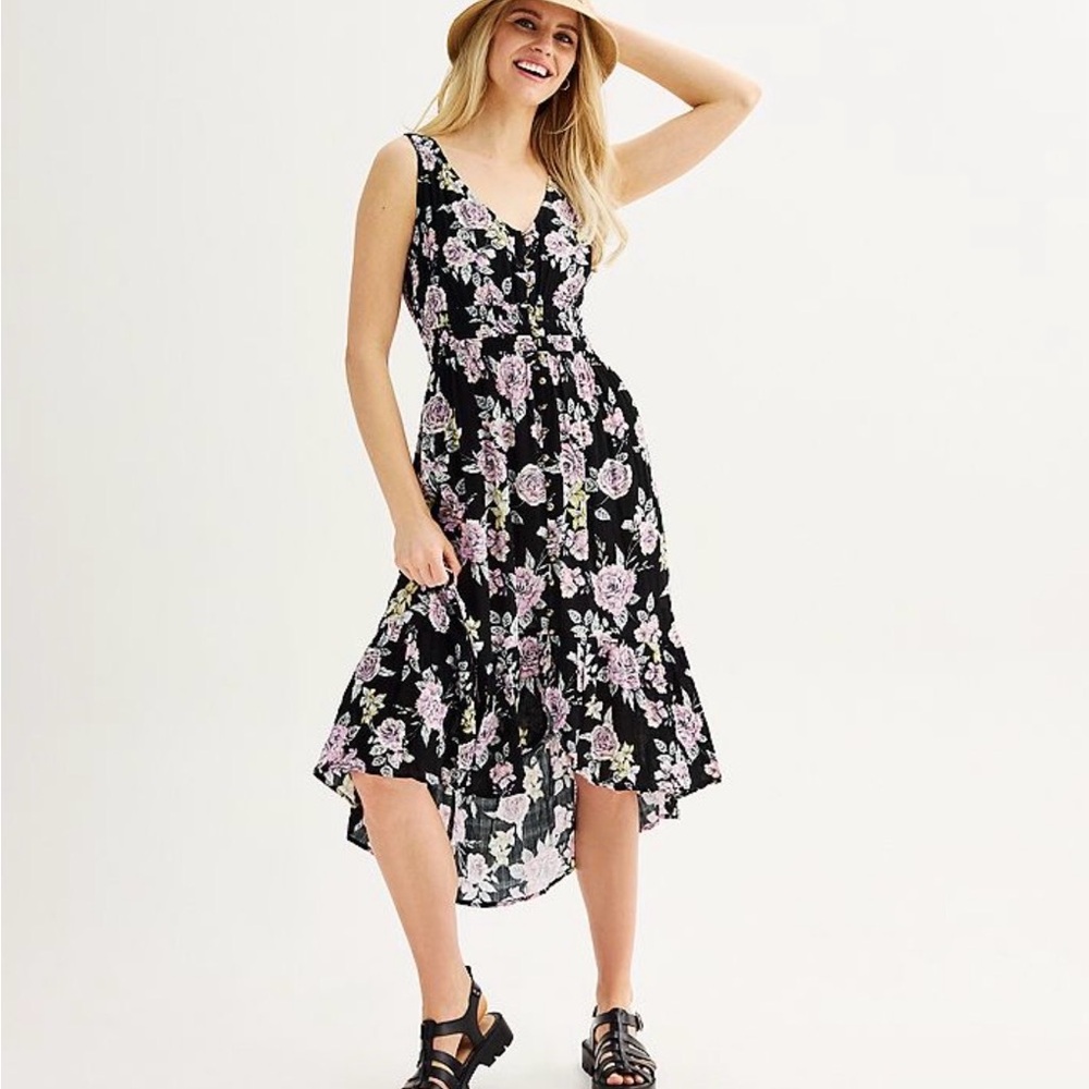 Rewind Black and Pink Floral High Low Dress